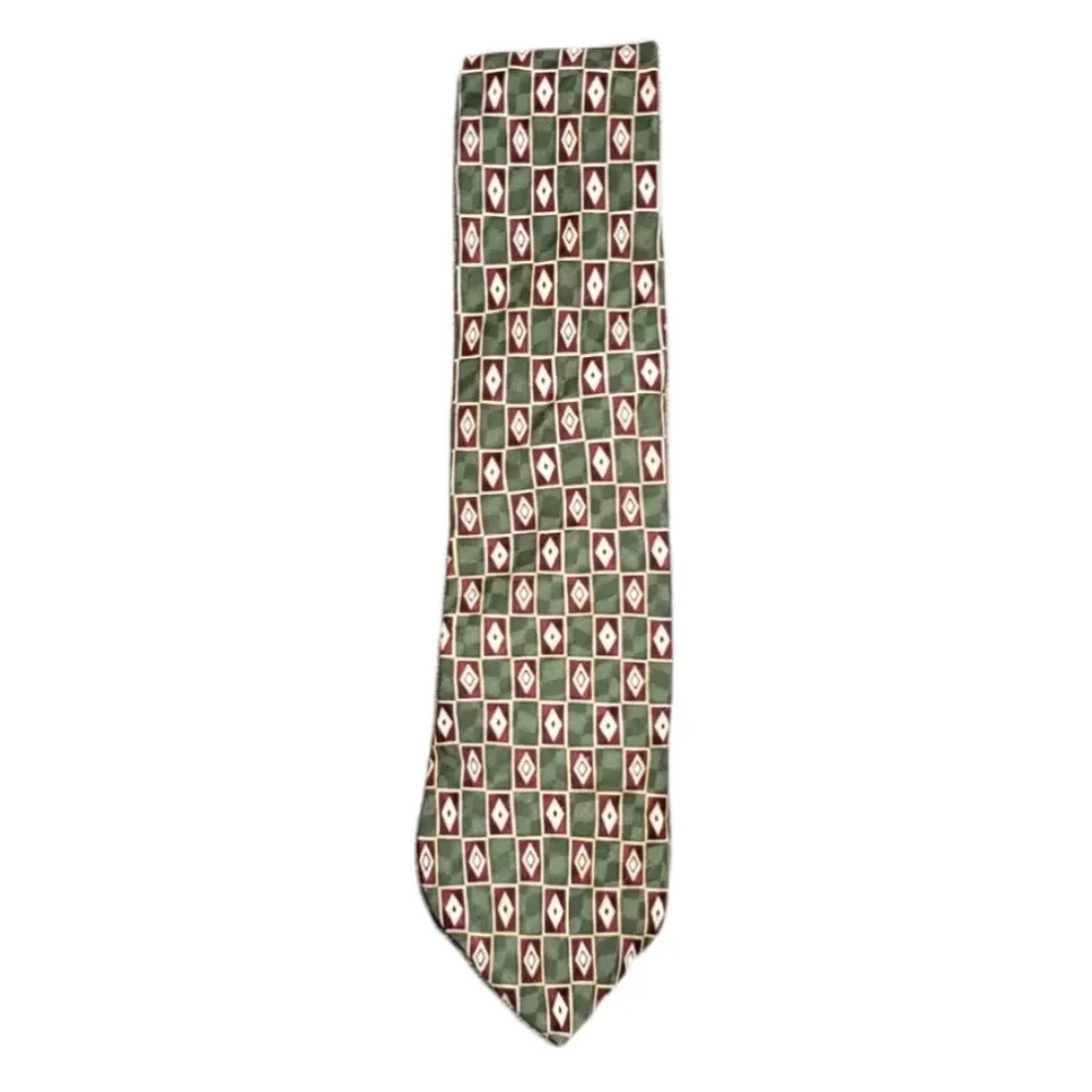 Bill Blass Neo Green Red Geometric Silk Tie